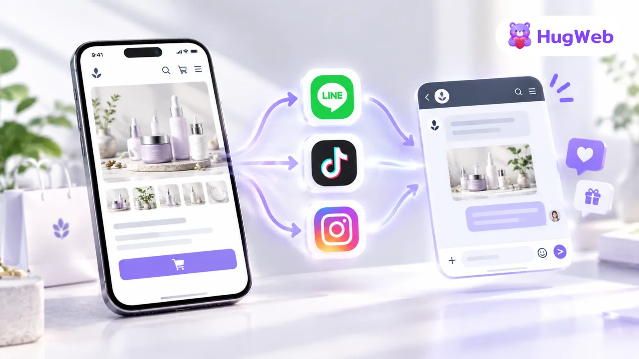 A mobile merchant website interface featuring contact buttons for LINE OA, TikTok, and Instagram, along with an arrow showing the customer journey from the website to the chat for purchasing.
