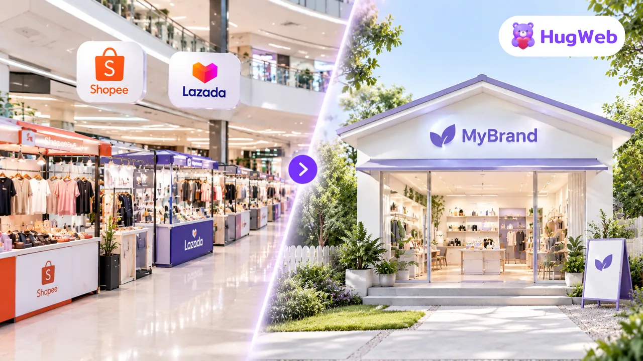 An illustration comparing multiple small shops lined up inside a shopping mall versus a standalone house with a custom brand sign in front, representing marketplace stores versus a brand website.