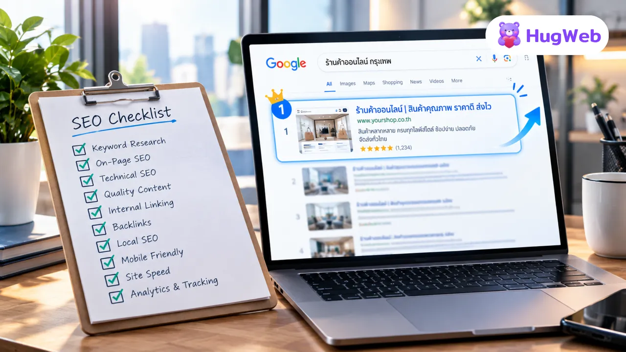 An SEO checklist clipboard with multiple checkmarks placed next to a Google search results screen showing a small business website ranking at the top.