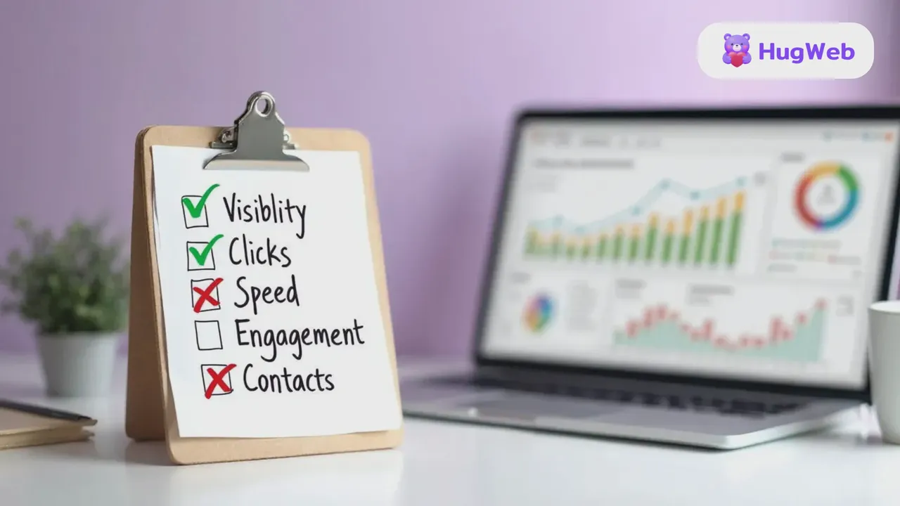 กระดานเช็กลิสต์ 5 ข้อ Visibility, Clicks, Speed, Engagement และ Contacts มีเครื่องหมายถูกและกากบาท วางข้างแล็ปท็อปที่เปิด dashboard กราฟวัดผลเว็บไซต์