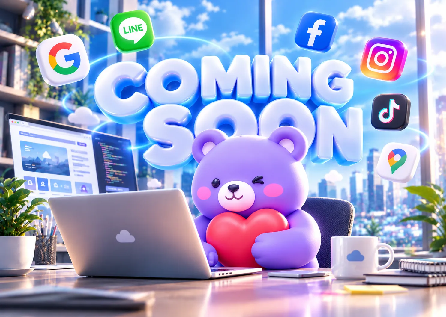 หมีม่วงกอดหัวใจนั่งหน้าโน้ตบุ๊กในออฟฟิศ ล้อมด้วยโลโก้ Google, LINE, Facebook, Instagram, TikTok พร้อมข้อความ COMING SOON — เร็ว ๆ นี้